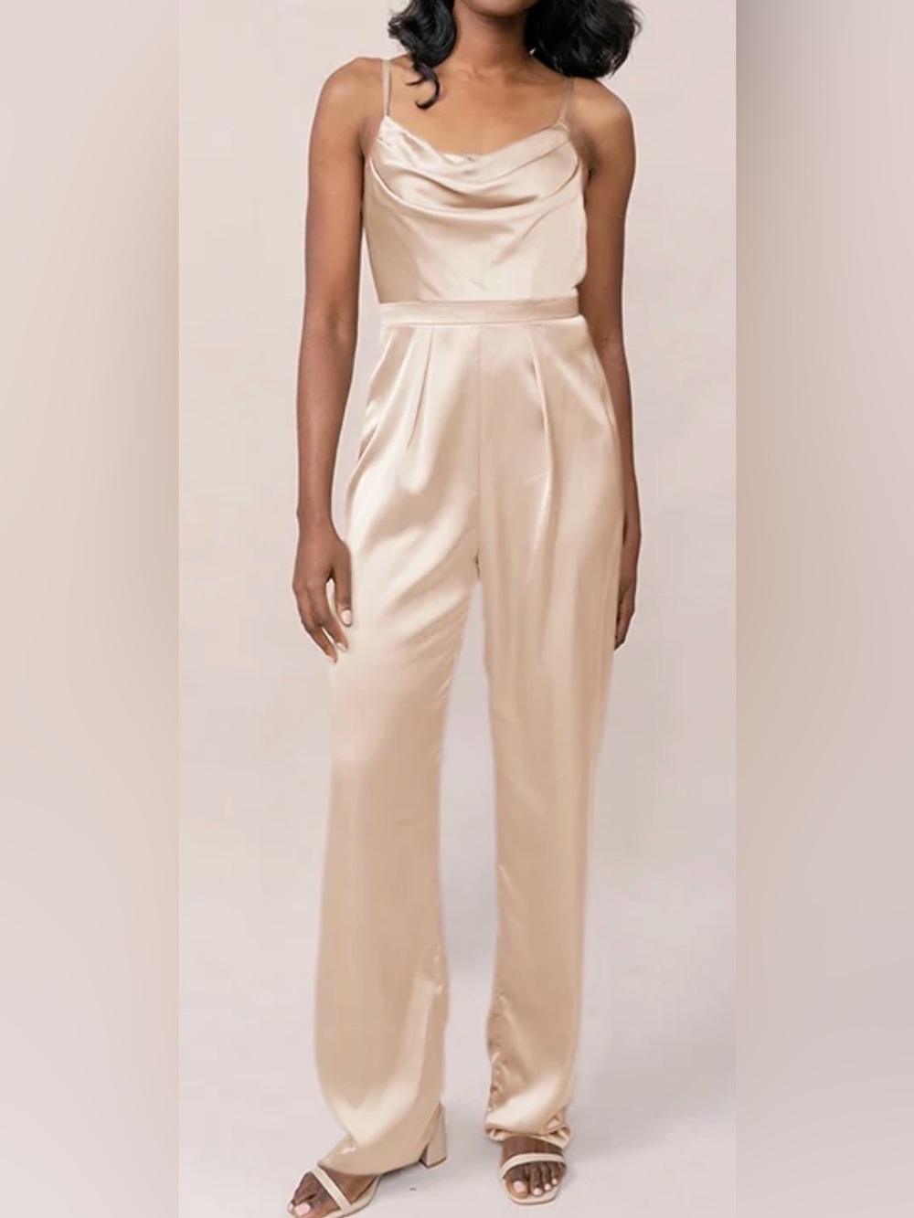 Revelry Champaign Gold Satin Formal Parker Jumpsuit sz 4/6 Small